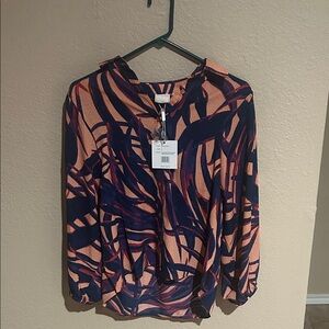 Zac & Rachel NWT Printed Blouse Size S Pink Navy Tropical Boho Lightweight Top